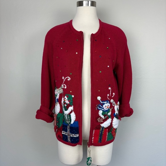 Heirloom Collectibles Christmas Cardigan Size L Full Zip Snowmen Appliques‎ Art - Picture 4 of 17